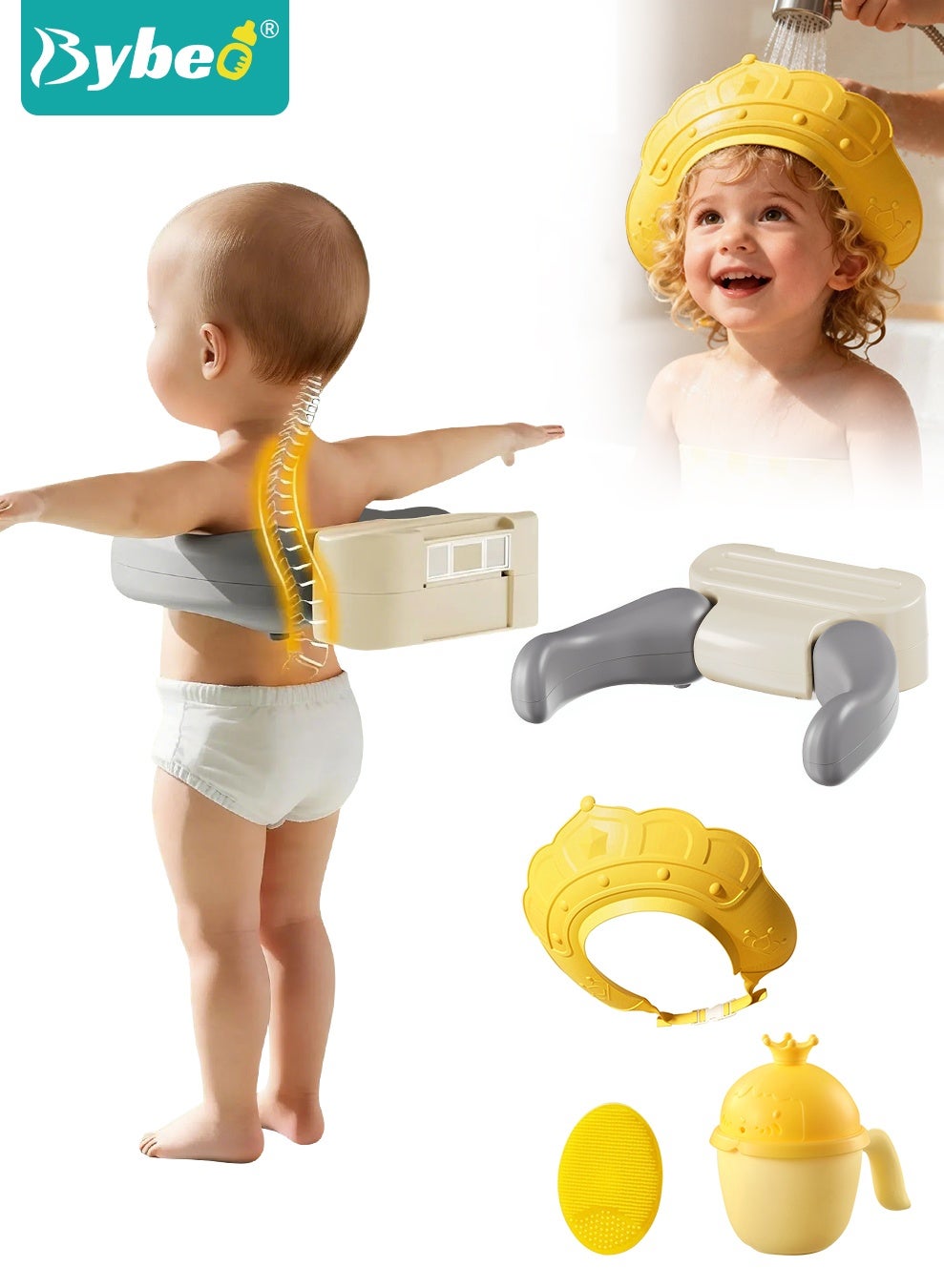 Bybeo Baby Shower Stand, Baby Bath Stand, Wall Mount Foldable Bath Support with Adjustable Height and Vacuum Suction, Bath Shower Helper with Shower Cap + Shampoo Brush + Shower Cup, for Baby, Toddler